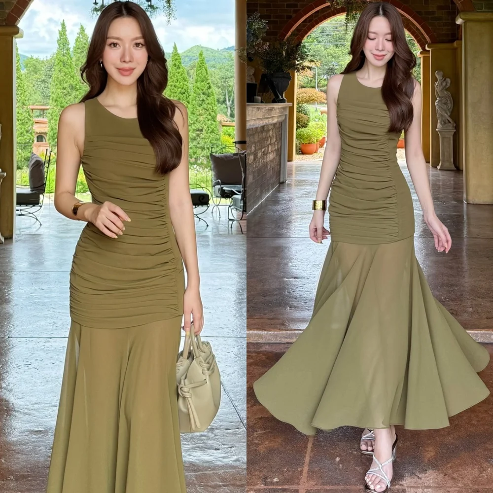 

Customized High Quality Green Chiffon Evening Dresses Soft O-Neck Sleeveless Homecoming Dresses Elegant Special Occasion Gowns