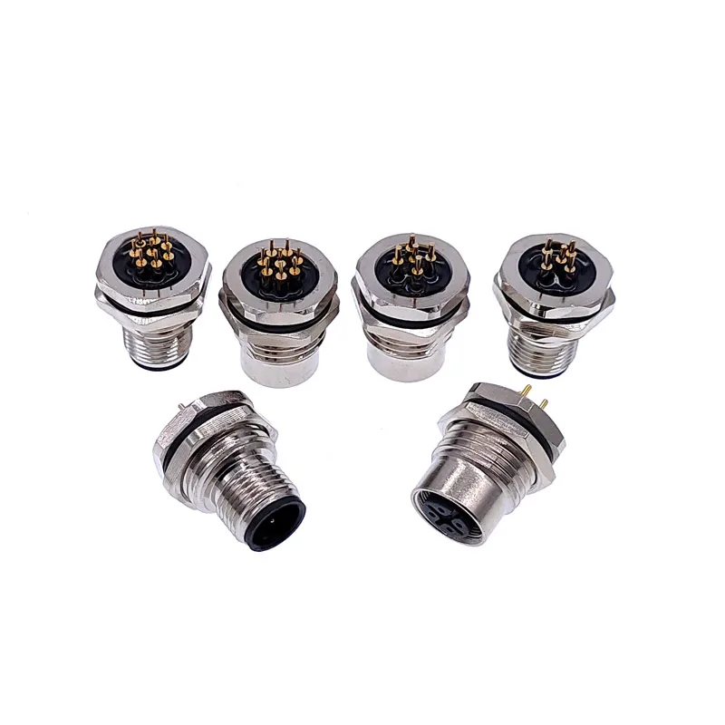 PCB sensor connector M12 front panel nut flange socket M1216 waterproof connectors 4 5 8pin screw threaded coupling male female