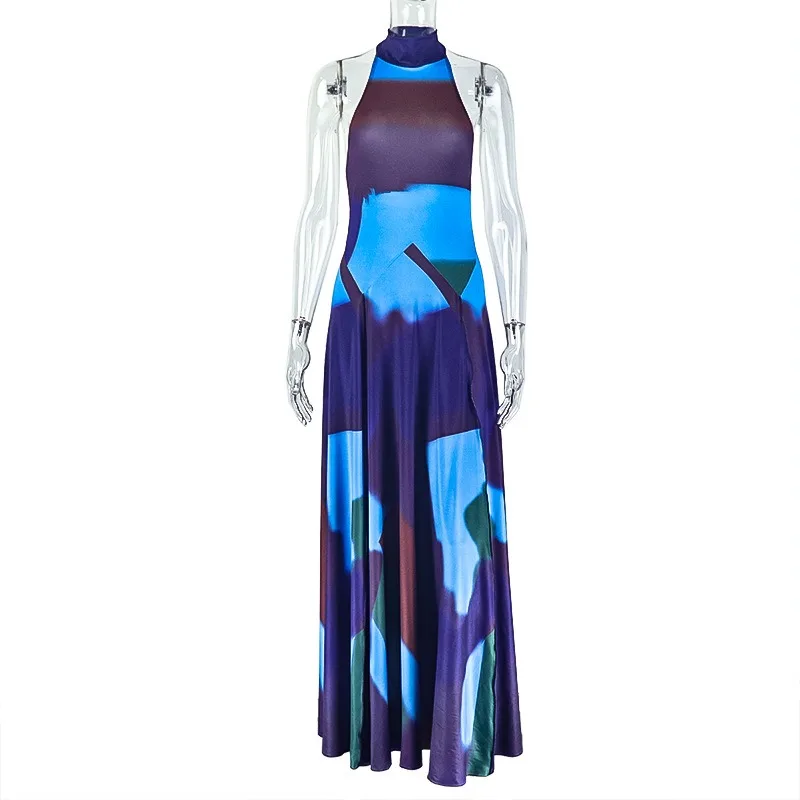 Women's Stand Collar Sleeveless Waistband Hips Wrapped Pleated Long Dress, Gauze Spliced