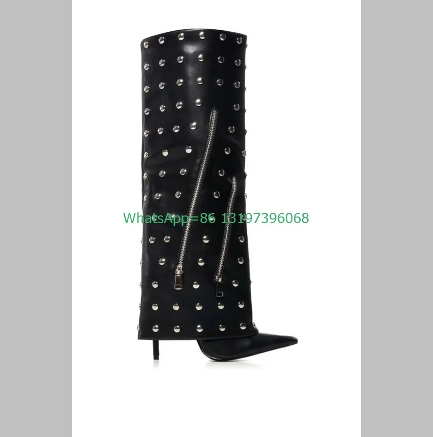 

Lady black punk studed design zip boots pointed toe calf boots turn-over boots gothic meatl spike sexy boots footwear size 35-46