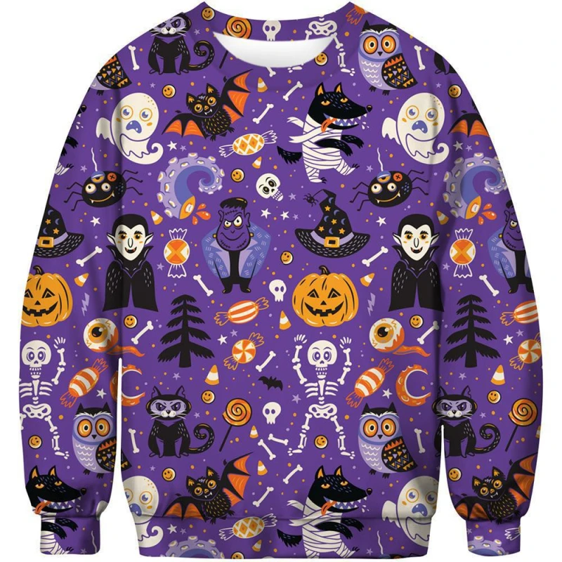 Halloween Men's Sweatshirt Round Neck Long Sleeves Pullover Hoodies  3D Printed Pumpkin Cross Ghost Pattern Street Sweatshirts