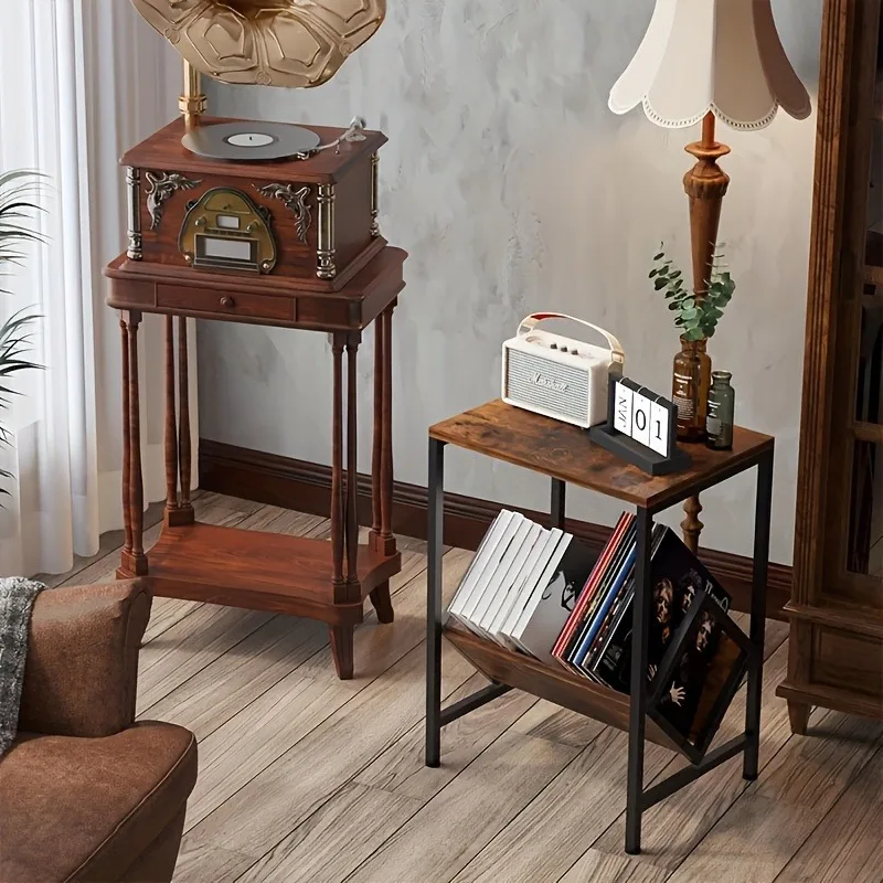 Double-layer wrought iron vinyl record player storage bedside table, office newspaper bookshelf, magazine shelf, magazine shelf