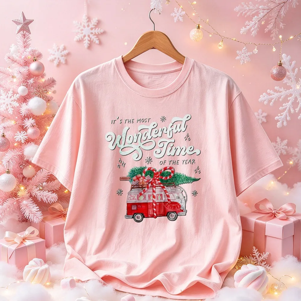 It's The Most Wonderful Time of The Year Graphic Vintage Red Camper Van Christmas Tree Snowflake Print Retro Xmas Casual T-shirt