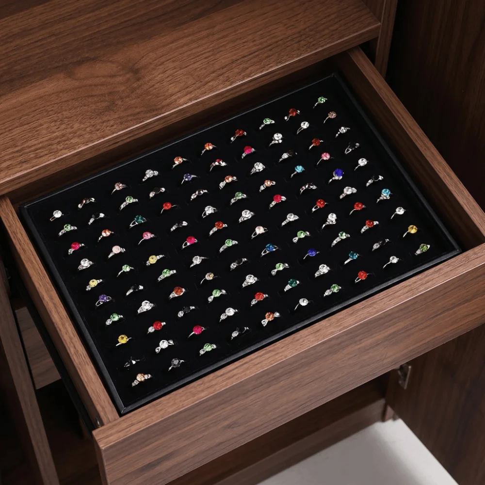 100 Slot Rings Display Organizer Flat Bottom Anti-slip Wood Velvet Jewelry Pallet Space Saving Wear-resistant