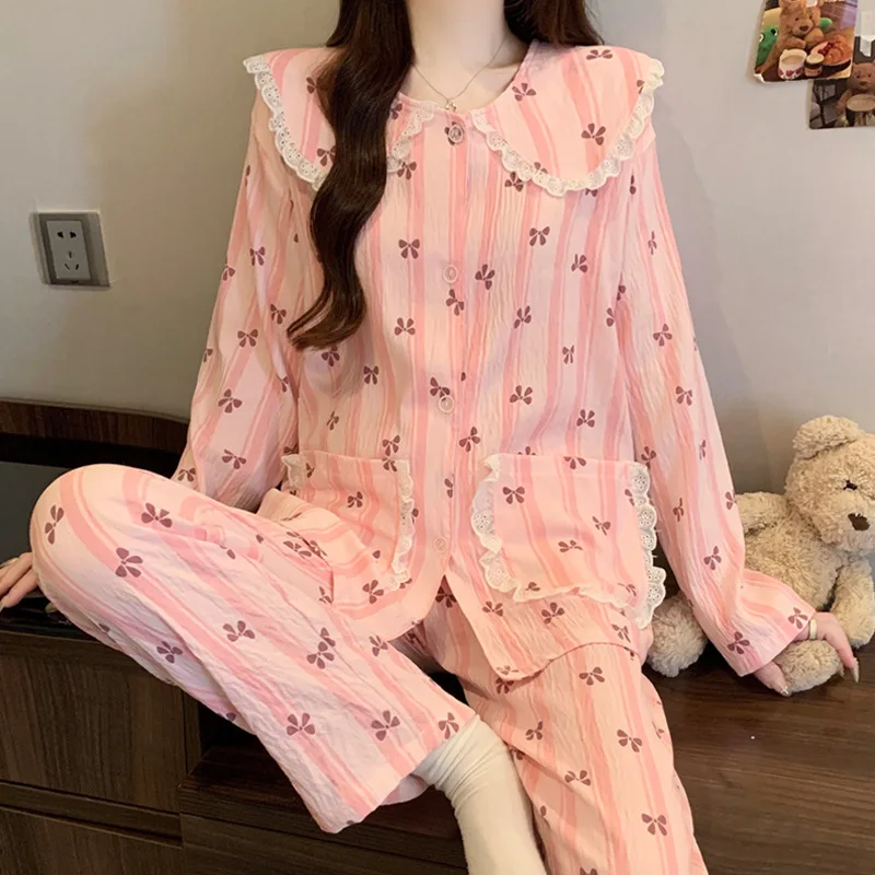 

Spring and Autumn New Women's Pajamas Home Clothes Set Printed Doll Collar Loose Pajamas Home Clothes Long Sleeve Long Pants Set