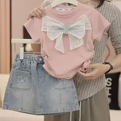 Girls Summer Set Fashion New Children's Korean Edition Western Style Bow Short Sleeve T-shirt Cowboy Short Skirt Two Piece Set