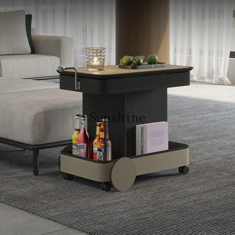 Italian minimalist saddle leather edge table can be lifted and lowered mobile coffee table