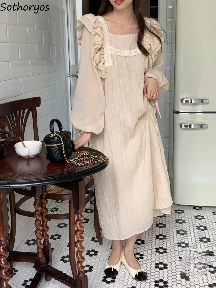 

Nightgowns Women Tender Design Long-sleeve Casual Spring Folds Sweet Ulzzang Chic Lounge Wear Cozy Simple Ladies Retro Elegant