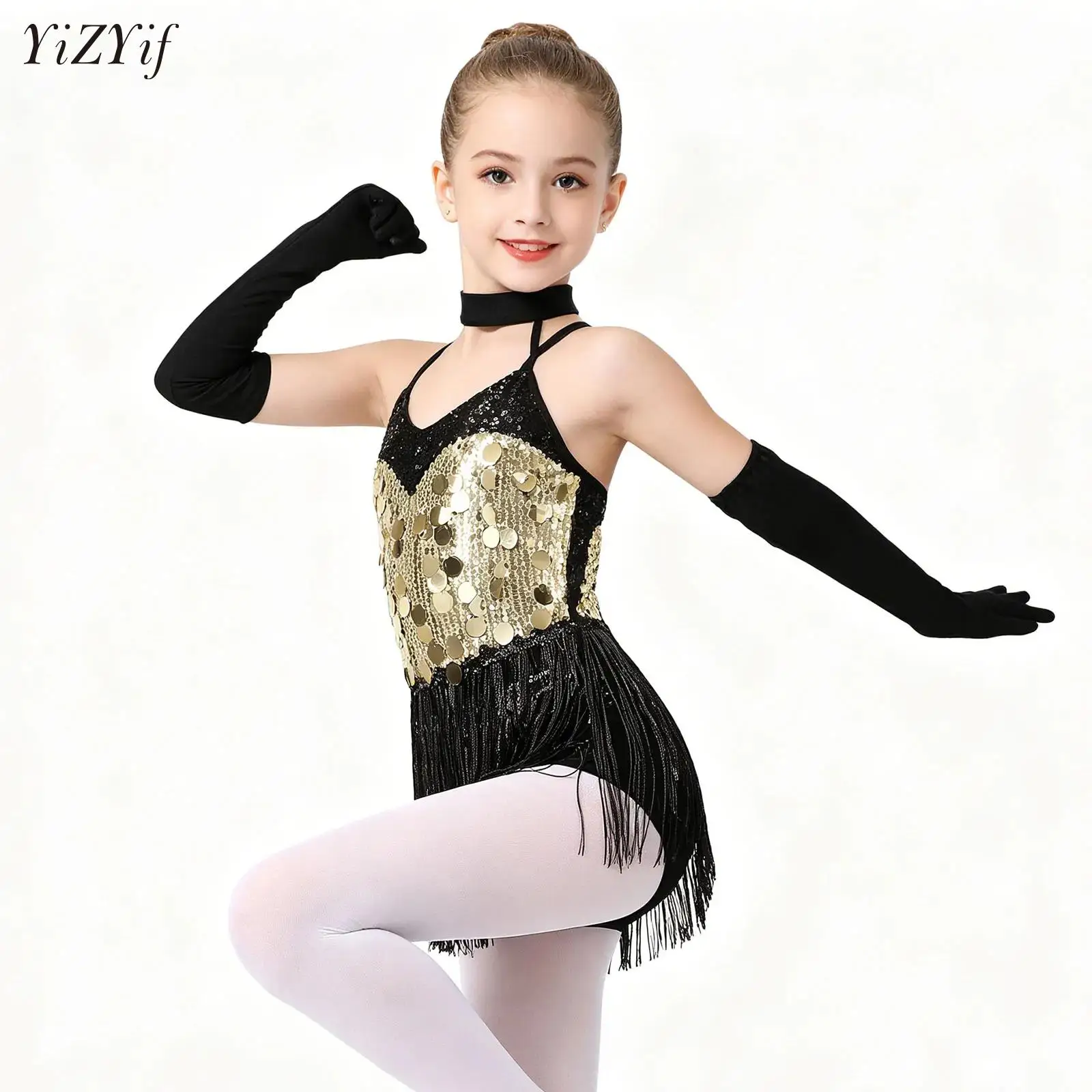 

Kids Girls Latin Dance Clothes Shiny Sequins Tassel Ballet Leotard Bodysuit Girl Group Dancer Singer Concert Performance Costume
