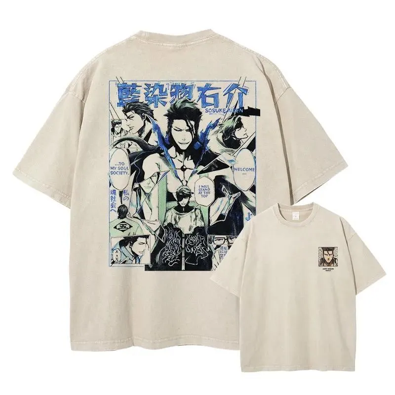 Anime BLEACH Aizen Sousuke Print Tee Unisex Vintage Washed Cotton T-shirts Casual Oversized Short Sleeve Harajuku Casual Tshirt