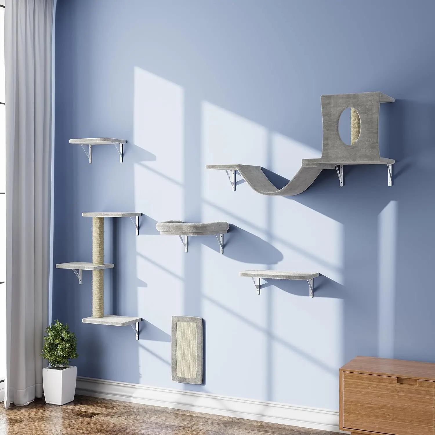 

Indoor Cat Wall Furniture Set, Wood and Fabric, Gray, 6 Pcs DIY Climber with House and Scratcher