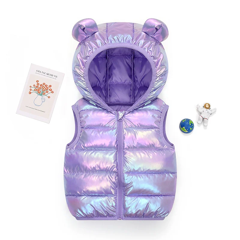 2023 Autumn New Boys Girls Warm Down Vests Baby Shiny Outerwear Vest Kids Clothing Vest Jackets Children Hooded Cotton Waistcoat