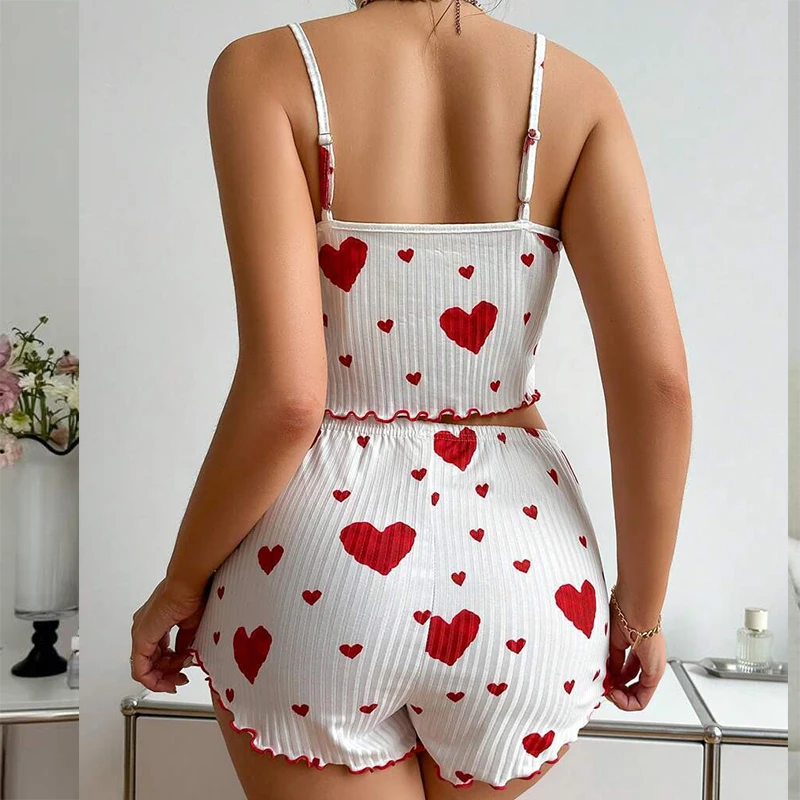 Women’s 2PCS Heart Print Pajama Set Sleeveless Crop Top and Shorts, Soft Comfy Sleepwear Loungewear for Summer Nightwear