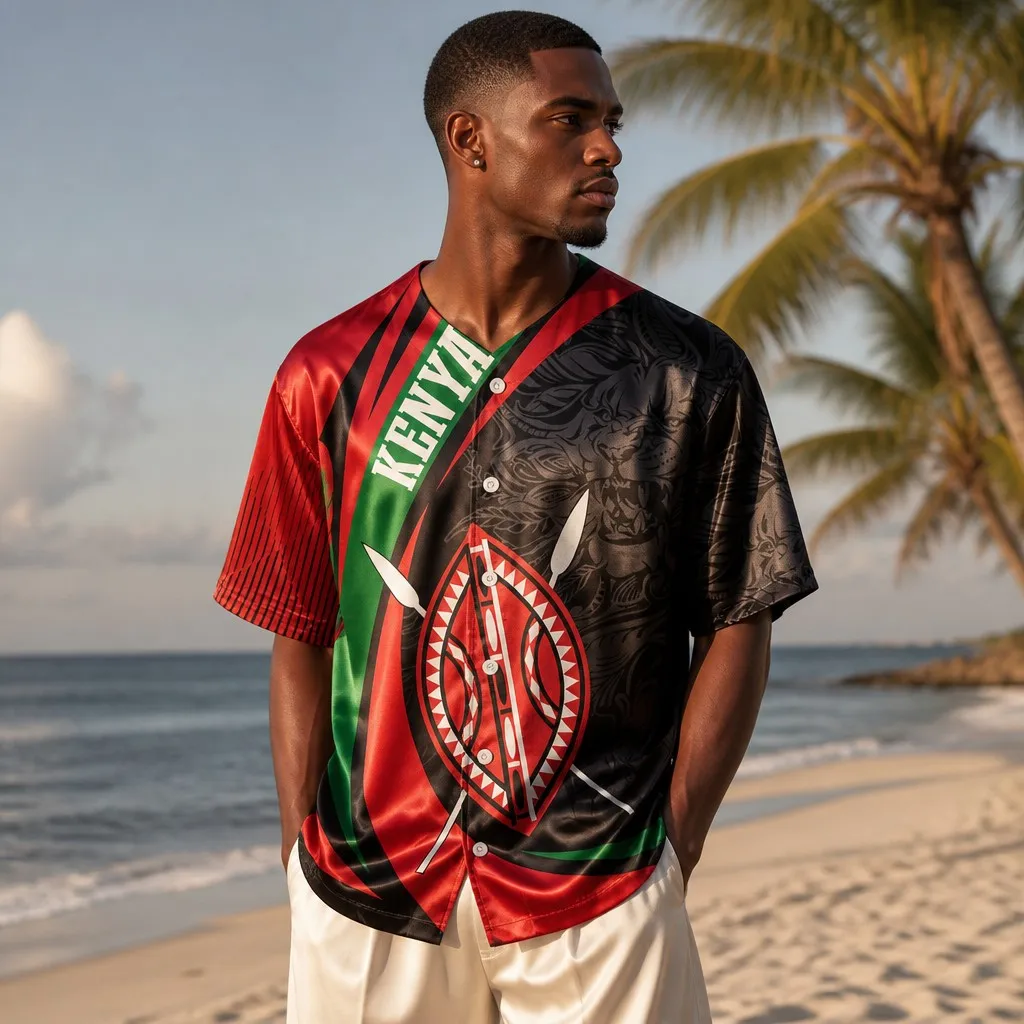

Kenya Satin Baseball Jacket with Tribal Pattern and National Emblem Print, Men's Crew Neck Short Sleeve Cardigan, Street Style
