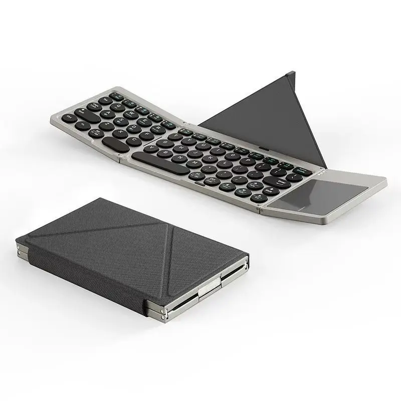 Tri-fold Bluetooth Keyboard with Touchpad Round Keycap Wireless Keyboard IPad Tablet Bracket Portable Fold Keyboard Travel Gifts