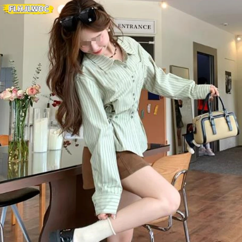 Katoenmix Tops Blouses Hot 2023 Lente Zomer Lange Mouw Preppy Stijl Japan Meisjes Gestreepte Groene Slanke Taille Button Up Shirts