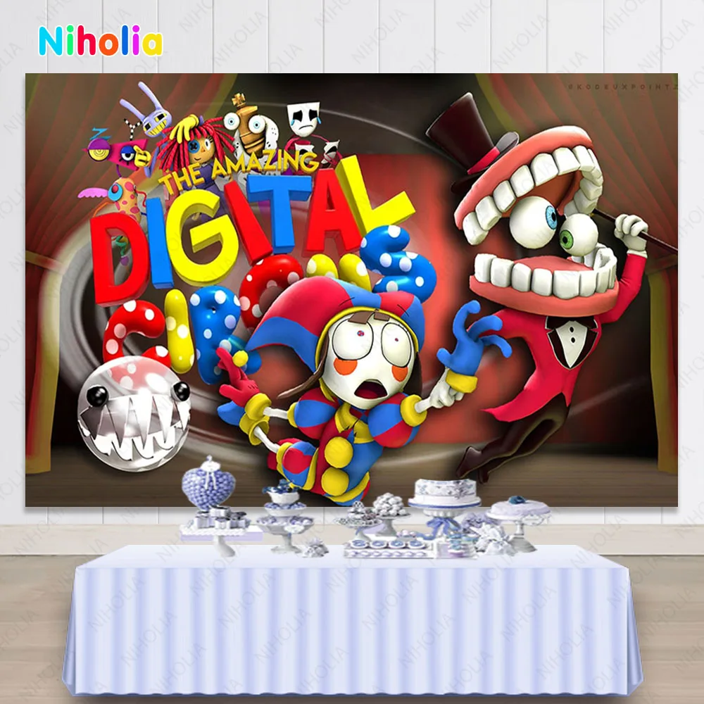 Amazing Digital Circus Backdrop Kids Happy Birthday Party Photo Cartoon Red Photography Backgrounds Baby Shower Banner