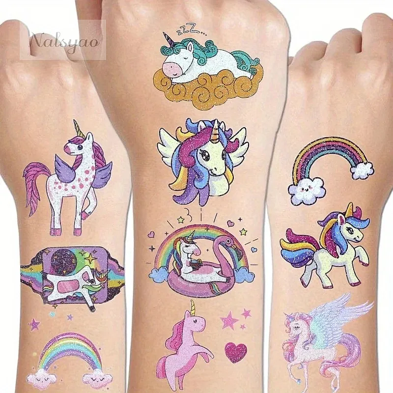 14Sheets Glittering Unicorn Tattoo Stickers for Kids, Personalized Temporary Tattoos for Children Anime Party Favors