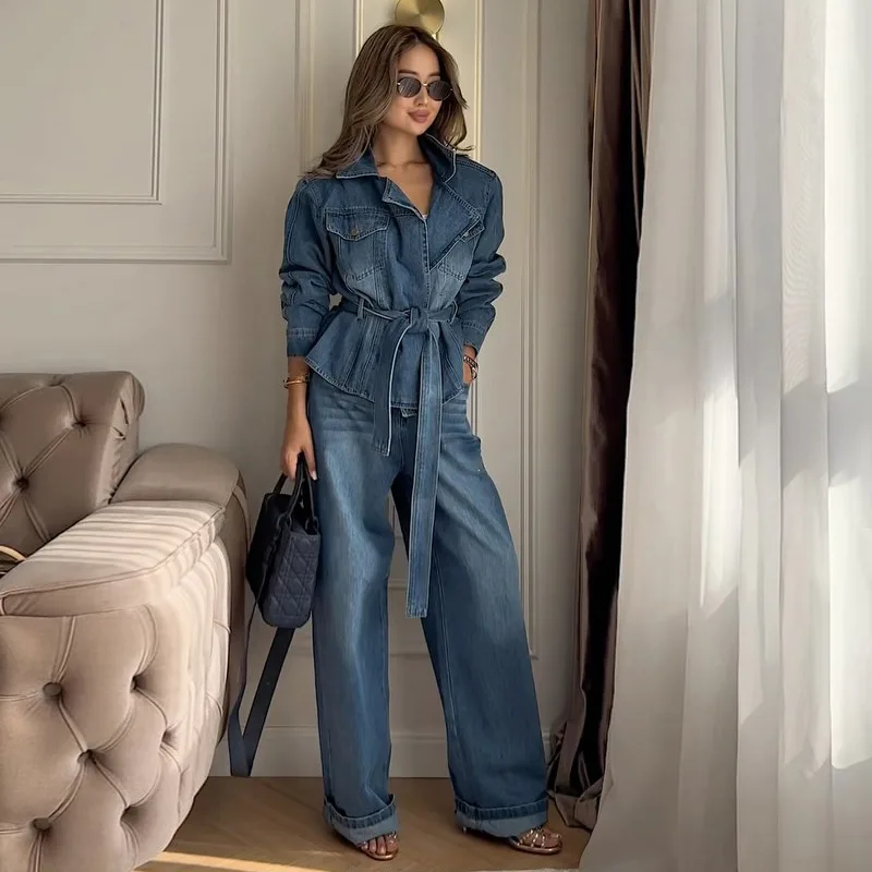 Revers-Taillenbetonende Schnür-Jeansjacken-Hosen-Sets für Damen, Street-Style, Langarm-Slim-Jacken, Weitbein-Hosen, Schicke Damen-Outfits – Detail 1