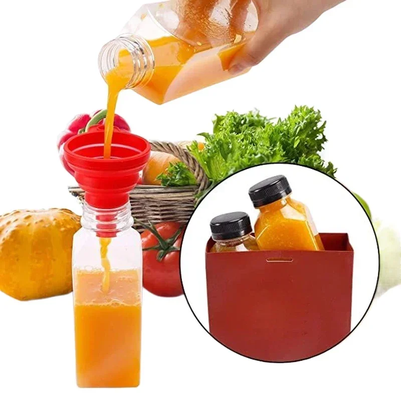 Garrafas de suco de plástico vazias transparentes, 60ml-500ml, com tampas, garrafa de água reutilizável, recipientes de smoothie com funil, com 10 peças