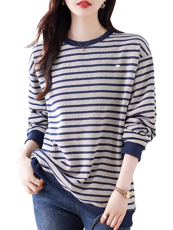 Dames rond Ne Sweatshirt Gestreept Loose Fit Thiened Halflange Faionable Vintage Sle Herfst Winter Nieuwe collectie Top