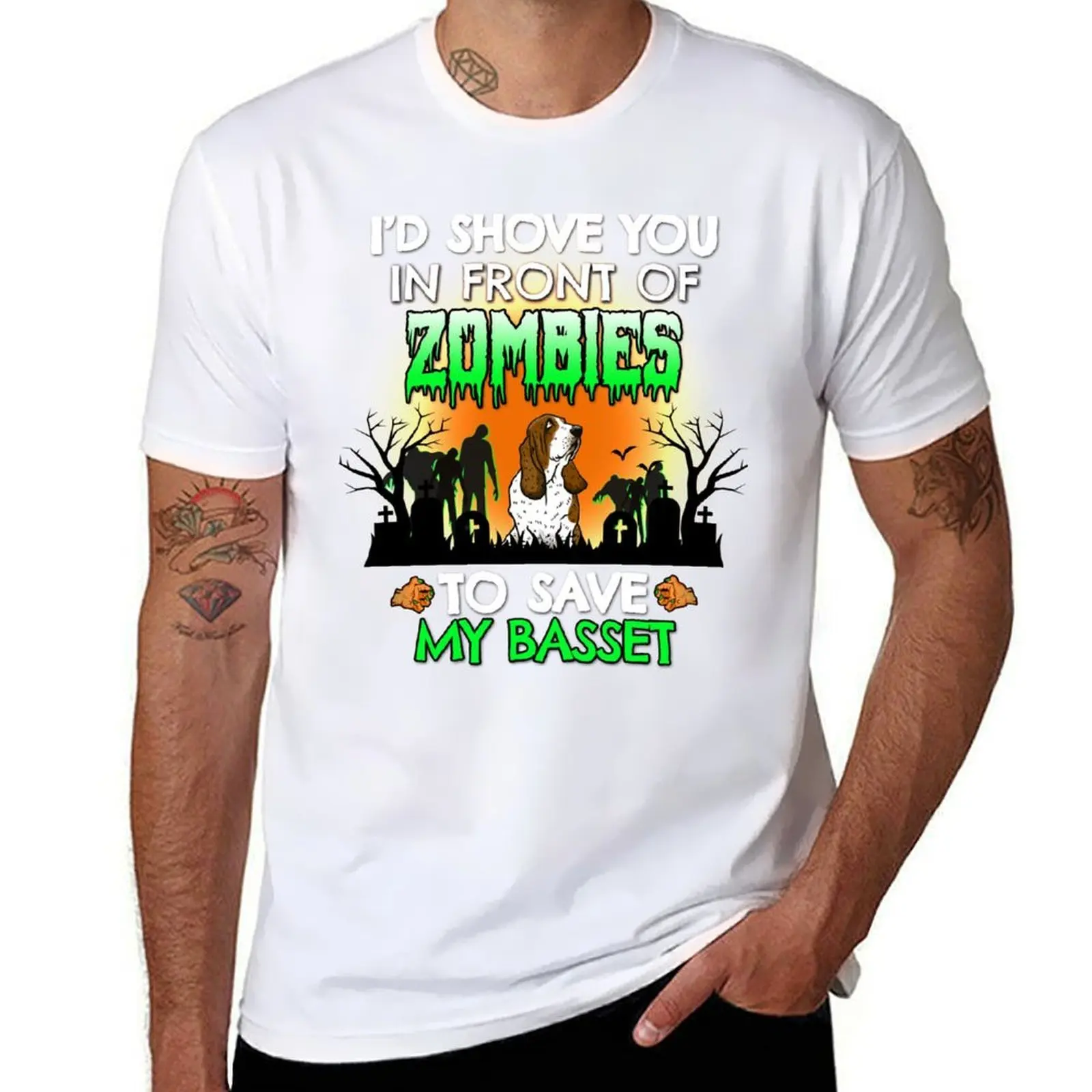 

I'd Shove You In Front of Zombies to Save My Basset Hound Halloween Gift T-Shirt man t shirt cotton T-Shirt