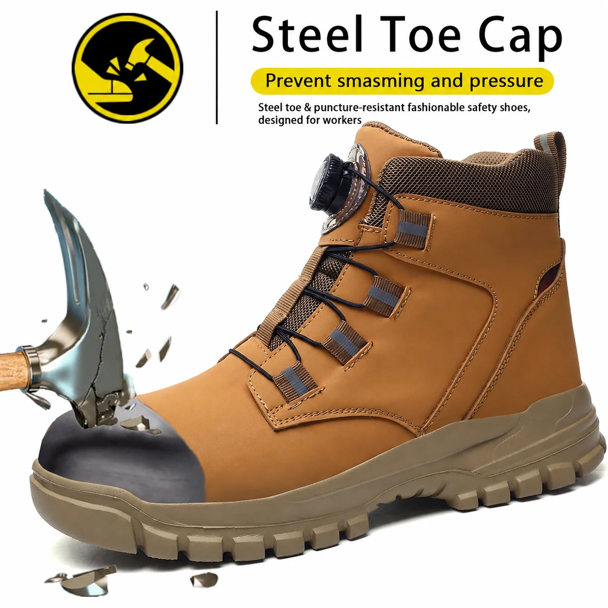 Men's Steel Toe Safety Tactical Motorcycle Boots Water-Resistant Anti-Puncture Light EVA Sole Dial Reflective Work Shoes