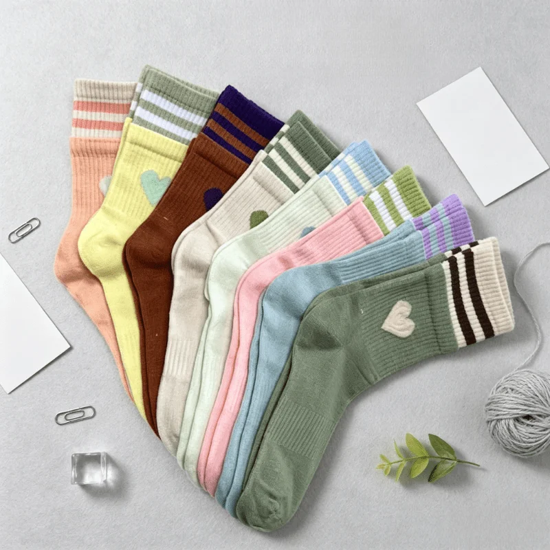 8 Pairs Women's Mid-Calf Sock,Colorful Striped Sock,INS Trendy Look Spliced Design,Heart Elements with Contrast Color Stripes