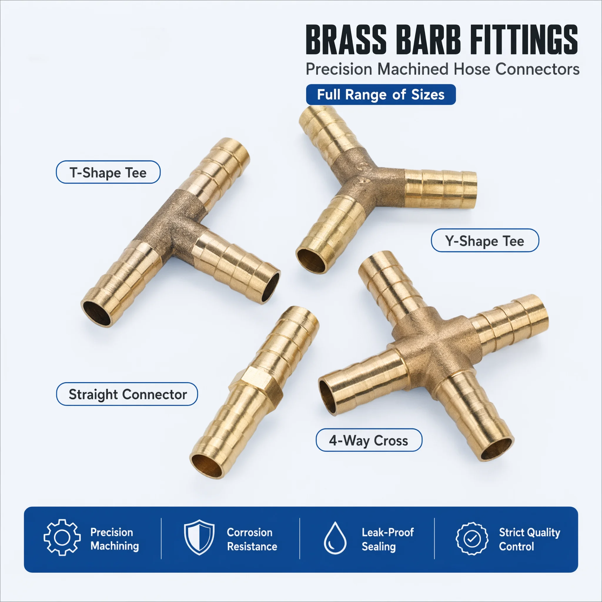 8-16mm Brass Pneumatic Hose Fittings Barbed Straight Connector 2 Way 3 Way T/Y Type 4 Way Tee Connector Air Hose Fitting