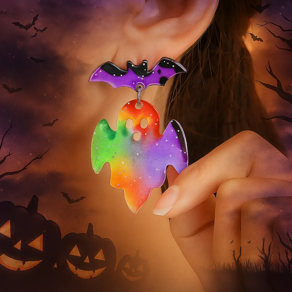 

Trendy Bat Halloween Earrings Heart Spider Cute Ghost Ear Studs Acrylic Colorful Pumpkin Dangle Earrings Unisex