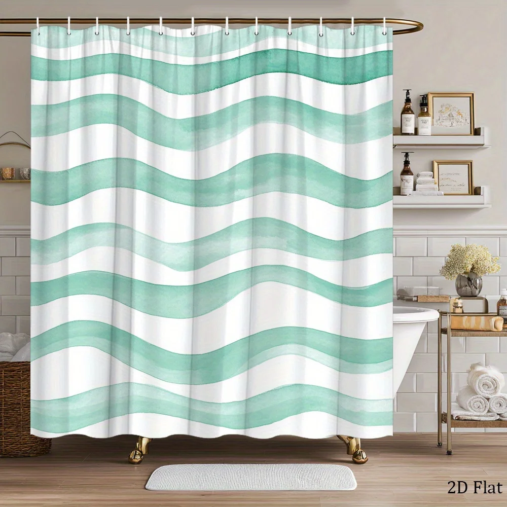 

Wave Shower Curtain Teal Aqua Watercolor Stripes Polyester Bath Curtain with Hooks for Modern Minimalist Decor