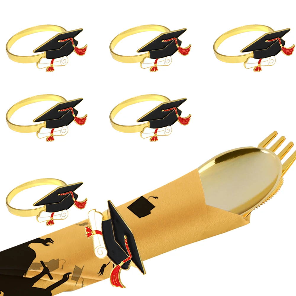 6Pcs Gold Black Hats Napkin Rings Graduation Cap Napkin Holder for Graduation Decorations Class of 2024 Party Supplies HB295