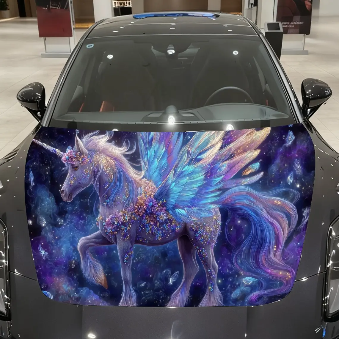 Star Field Floral Charm Unicorn Winged Beast Car Vinyl Wrap, PVC Material Waterproof Car Hood Sticker, Self-Adhesive Scratch-Res