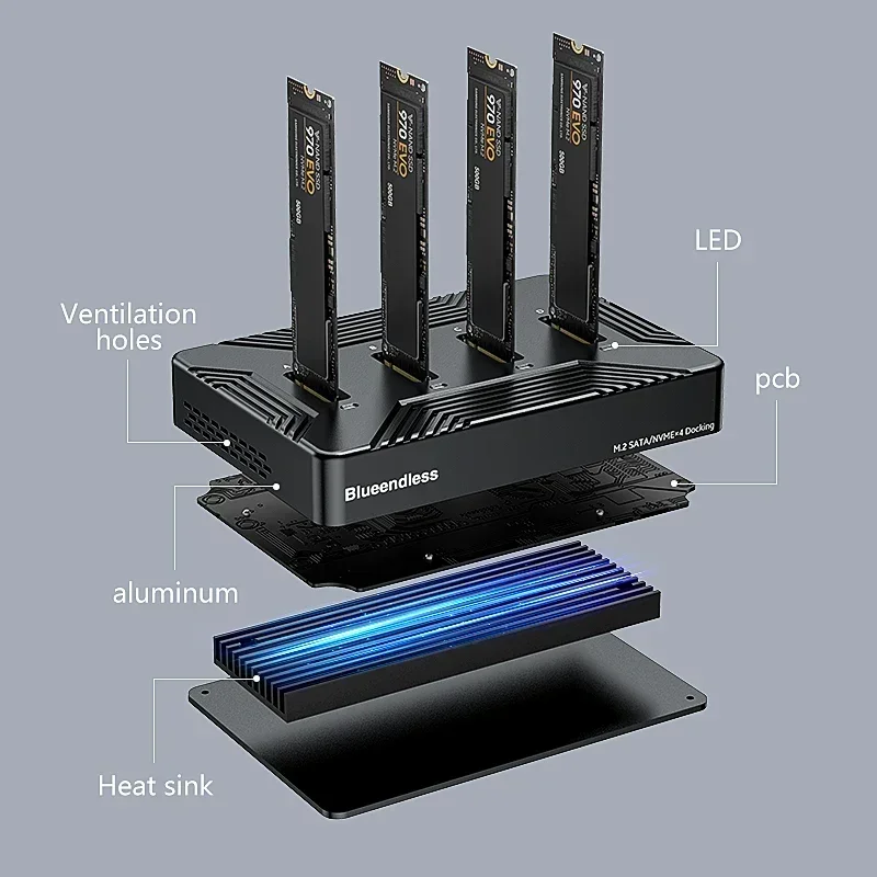 

US.EU Blueendless 4 bay m2 SSD docking station Type C USB3.1 10Gbps m.2 NVME SATA ngff dual protocol Aluminum alloy SSD enclosur