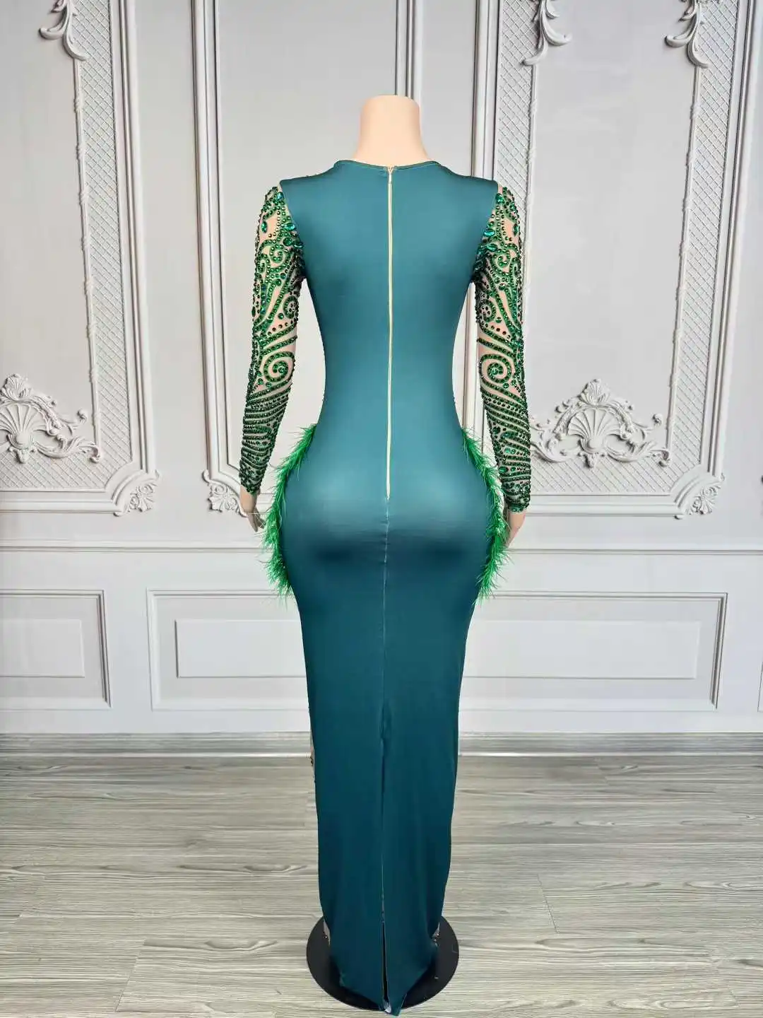 Sexy Elegant Evening Gown Blingbling Green Rhinestones Feather Dress Women Wedding Cocktail Party Photoshoot Stage Wear Costume