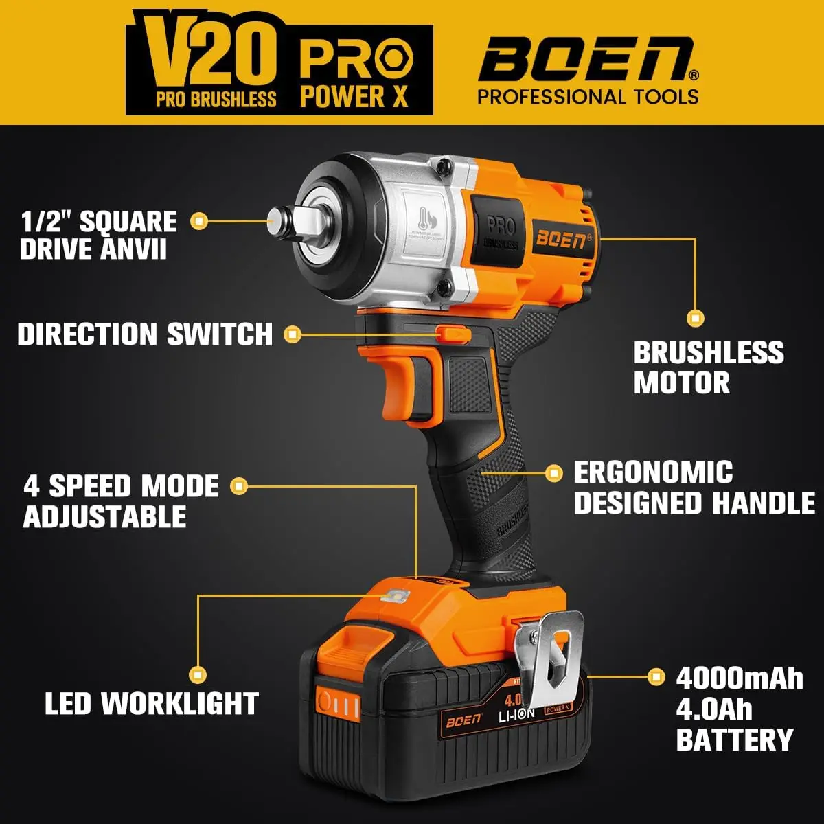 Impact Wrench 1/2 inch, 600FT-LBS(800N.m), Brushless Electric Impact Wrench, 2200RPM High Torque Impact Gun for Car Home, Includ