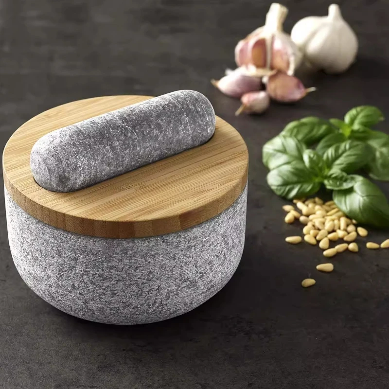 Pilón de granito con cubierta de bambú, mortero de piedra, pisapiedras, molinillo de especias