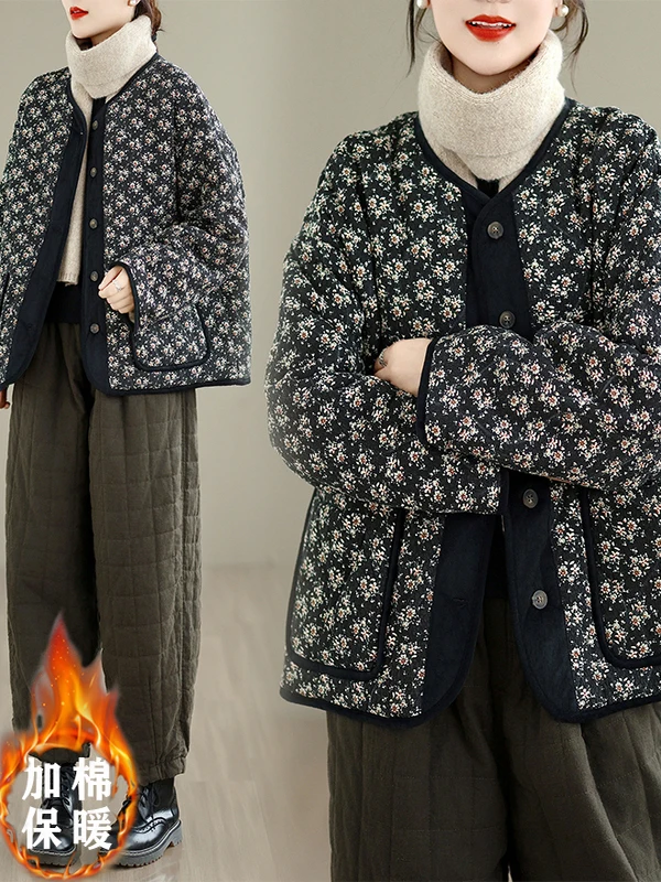 الرجعية فضفاضة جولة Ne القطن Jaet المرأة الأزهار طباعة الأم Sle معطف Thiened شتاء جديد وصول الكورية Sle #2