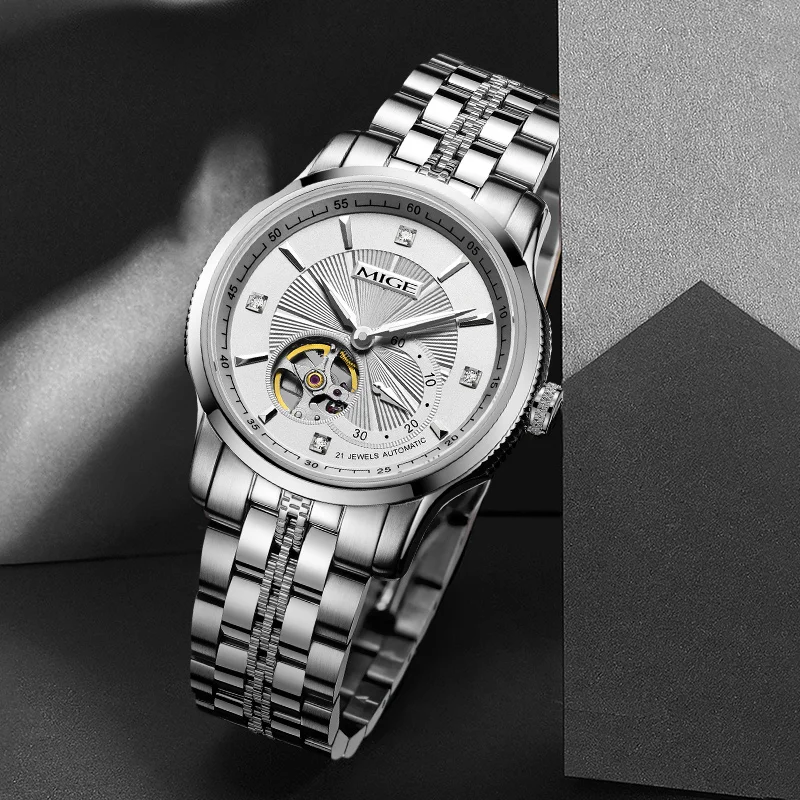 MIGE Original MIYOTA Men's Watches Mechanical Automatic Watch Waterproof Luxury Luminous Skeleton Wristwatch Stainless Steel