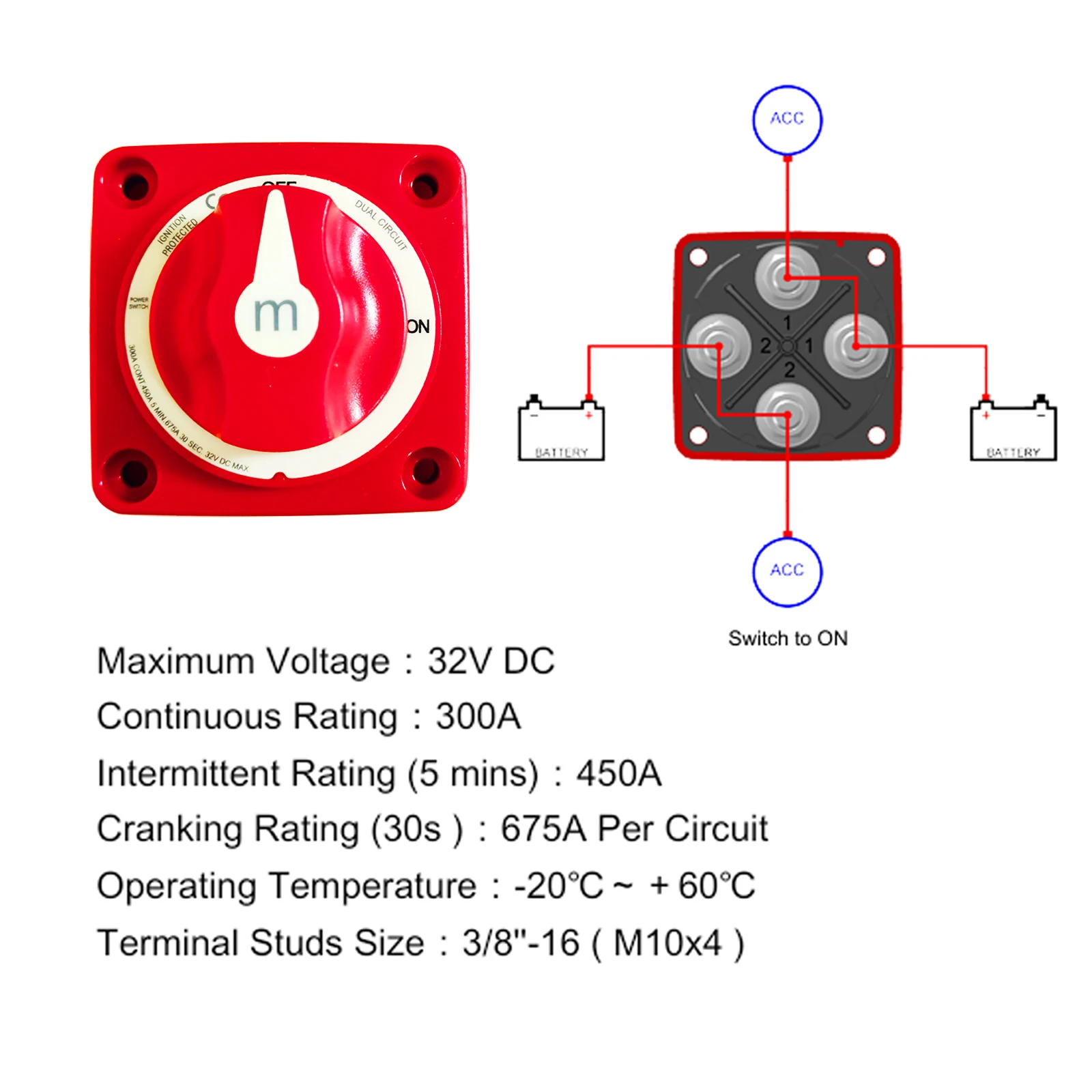 Dual Circuit Battery Disconnect Switch with Knob 32V 300A DC Marine Boat Battery Switch High Current On/Off RV Car Yatch