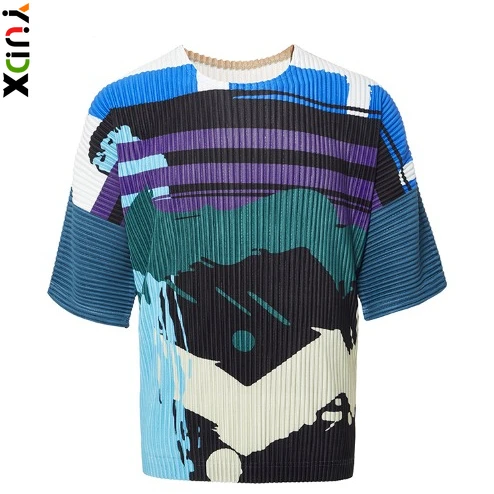 YUDX Pleated Men's Tops Printed T-shirt Loose Plus Size Short Sleeve Round Neck T-Shirt 2024 Summer New