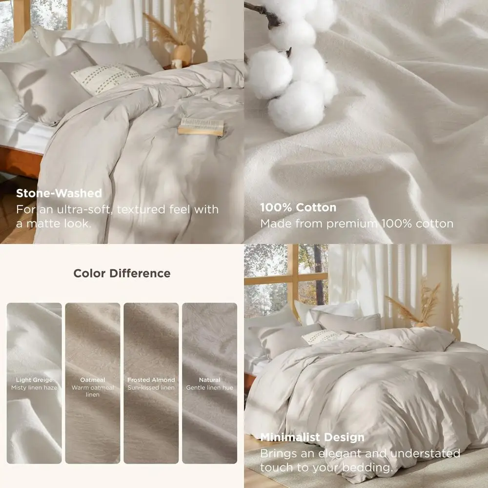 

100% Stone Washed Cotton Duvet Cover King - Light Greige Minimalist Cotton Duvet Cover Linen Like for All Seasons - GentleSoft™