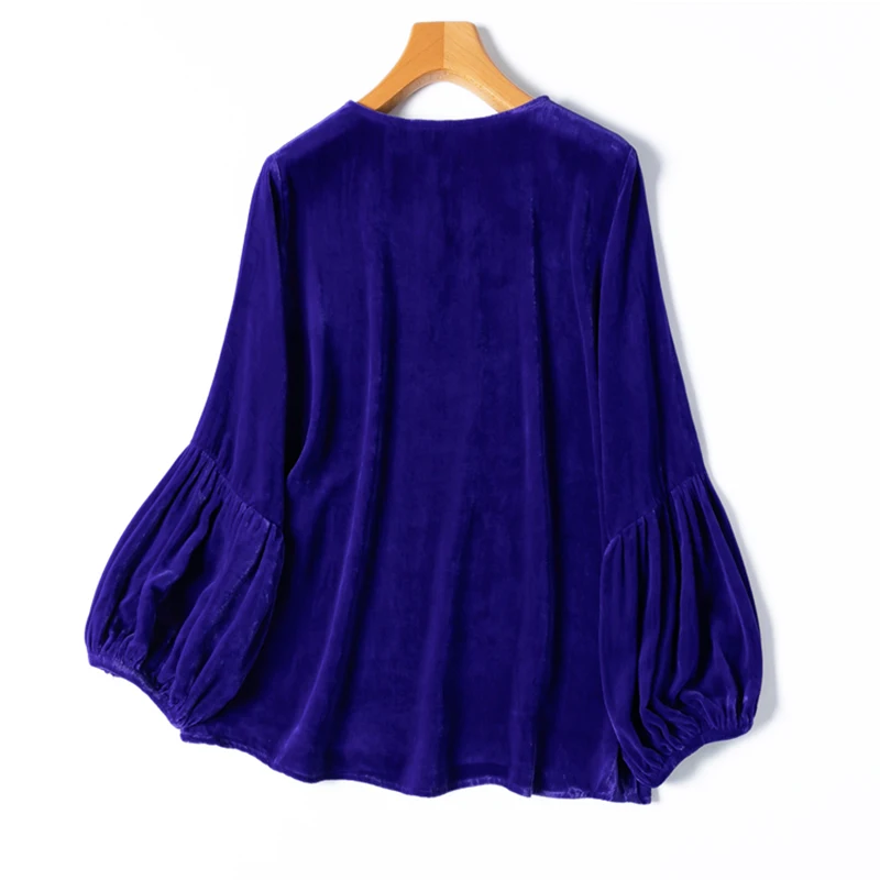 Women Silk Velvet Blouse 100% Mulberry Silk Lining Royal Blue Shirt Top Pullover Loose Type Lantern Sleeve Office Lady M1222