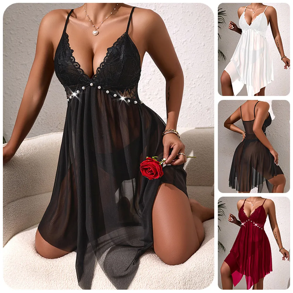 

Sexy Chiffon Suspender Nightgown Female Chemise Sleepwear Lace Intimate Lingerie Nightdress Home Dress Loungewear