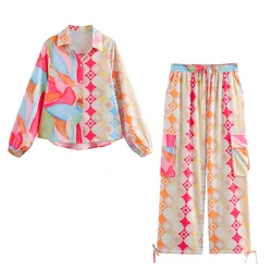 PB&ZA2024 Summer New Product Women's Fashion Printed Polo Collar Long sleeved Shirt Casual Straight Leg Pants Set