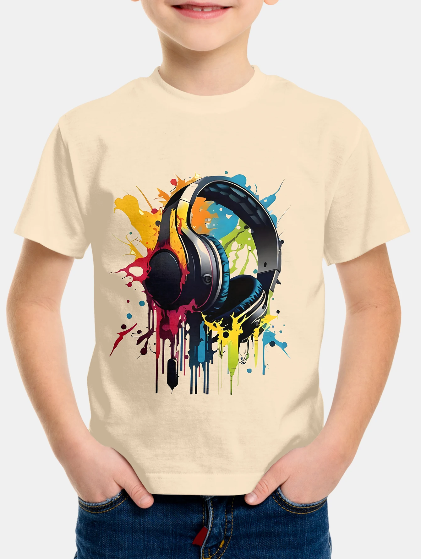 

Boys'Colorful earphones summer round neck short sleeved T-shirt, casual lightweight and comfortable top, 3D printed