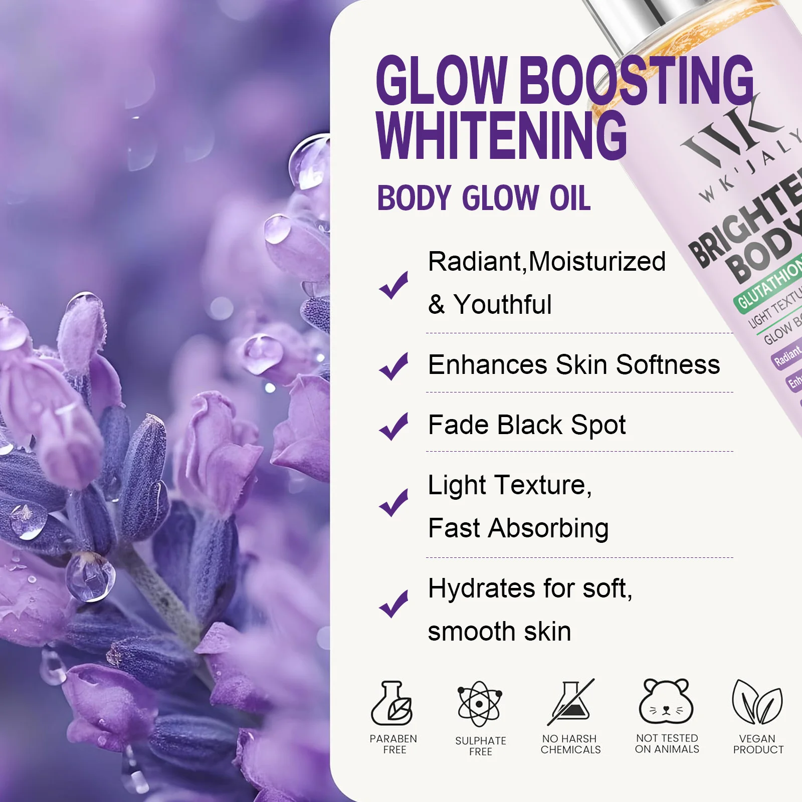 WK JALY Glow Boosting Whitening Glutathione And Lavender Body Oil, Moisturizer, For All Skin Types, Improve Rough Skin, 300ml