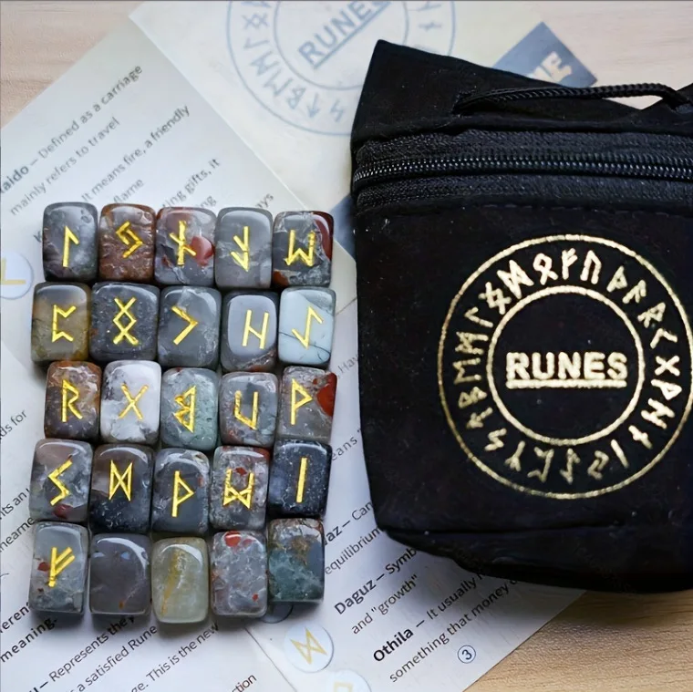 Natural Crystal Rune Stones Engraved Alphabet Energy Stones 25 Pieces/Set Comes with Velvet Bag Spiritual Tool For New Era Pract