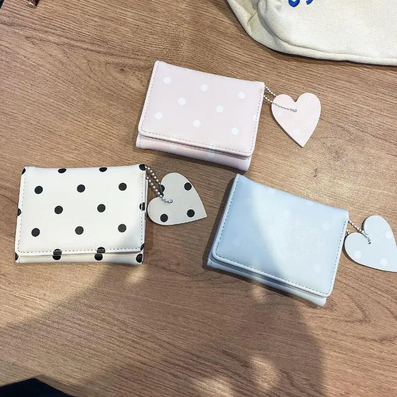 NEW Heart Pendant Polka Dot PU Leather Compact Mini Wallet Lightweight Small Coin Purse Women Daily Casual Shopping Street Decor
