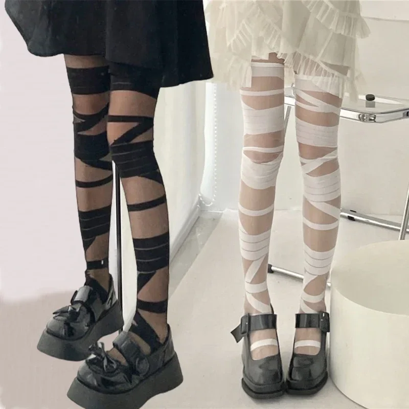 Ultrathin Women Spicy Girl Bandage Stripe Long Stockings Female Japanese Lolita Jk Y2k Sexy Summer Cross Tube White Stockings